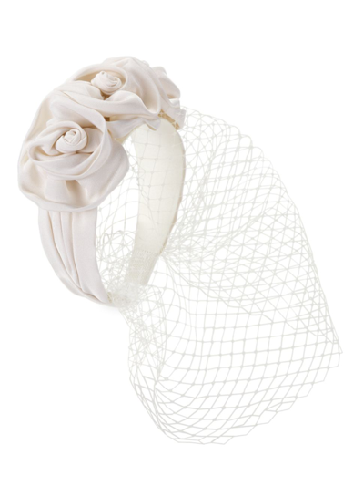 Jennifer Behr Triple Rosette Voilette Headband W/ Fishnet Veil In Cream