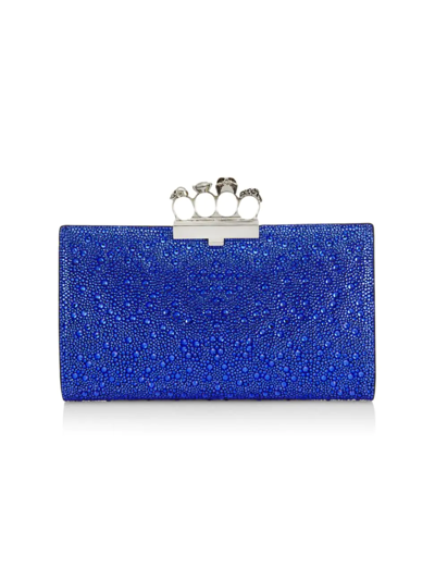 Alexander Mcqueen Skull Four-ring Crystal-embellished Leather Pouch In Electric Blue