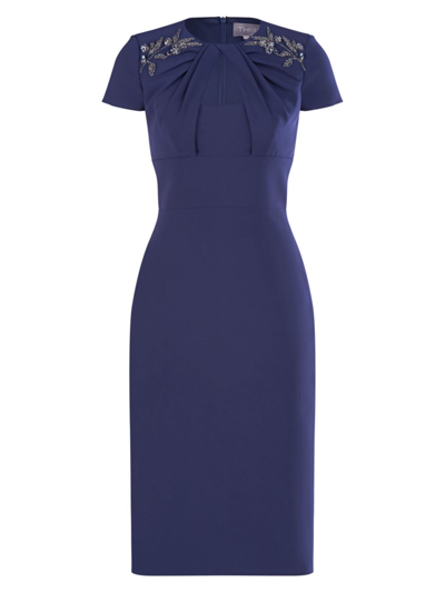 Theia Ivanna Keyhole Beaded Midi Cocktail Dress In Navy