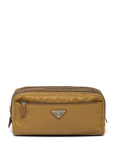 Prada Re-nylon And Leather Travel Pouch In Braun