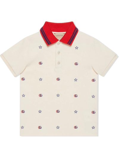 Gucci Babies' Logo And Star-embroidered Stretch-cotton-piqué Polo Shirt 6-36 Months In Bone
