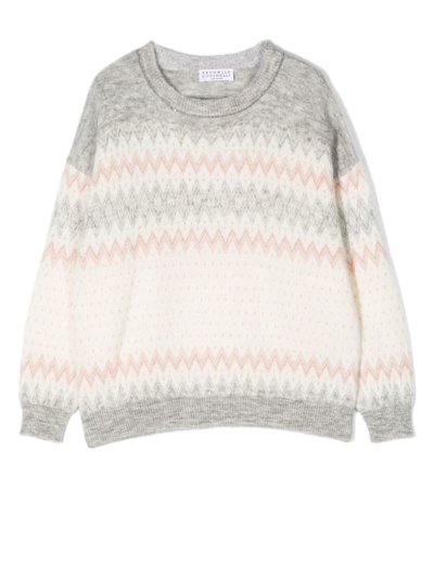 Brunello Cucinelli Zig-zag Intarsia-knit Jumper In Weiss