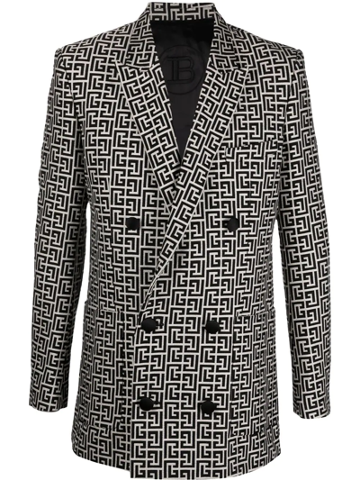 Balmain Monogram-jacquard Double-breasted Cotton Blazer In Ivory/ Black