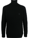 Polo Ralph Lauren Cable Knit Black Turtleneck Sweater With Embroidered Logo In Black