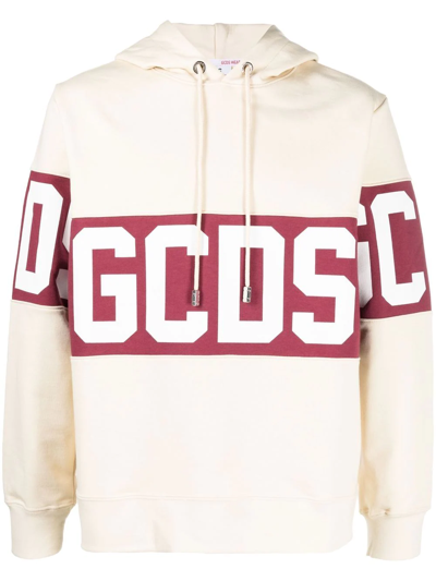 Gcds Logo-print Panelled Hoodie In Beige