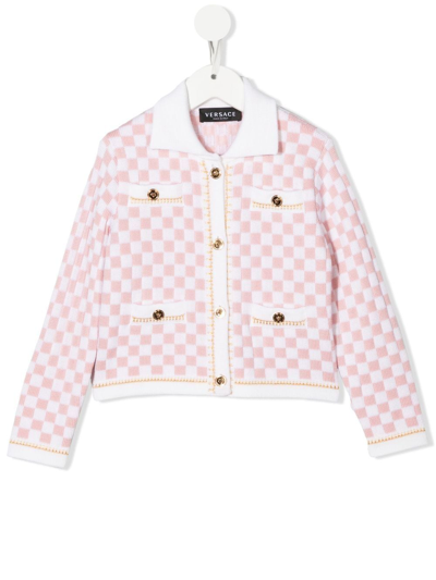 Versace Kids' Checked Cardigan English Rose In Bianco/rosa