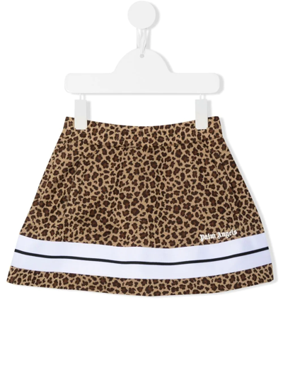 Palm Angels Kids' Leopard-print Logo Track Skirt In Beige White