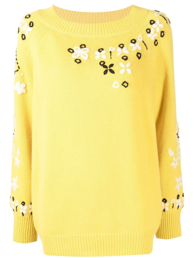 Ermanno Scervino Floral-embroidered Wool-cashmere Jumper In Yellow
