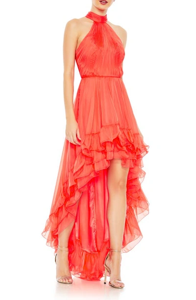 Ieena For Mac Duggal Ruffle Tiered High Low Pleated Halter Neck Gown In Tangerine