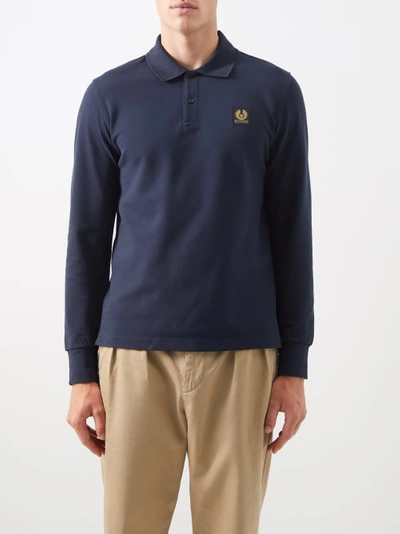 Belstaff Logo-patch Long-sleeved Cotton Polo Shirt In Navy