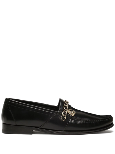 Dolce & Gabbana Polished Leather Loafers W/ Chain In Black