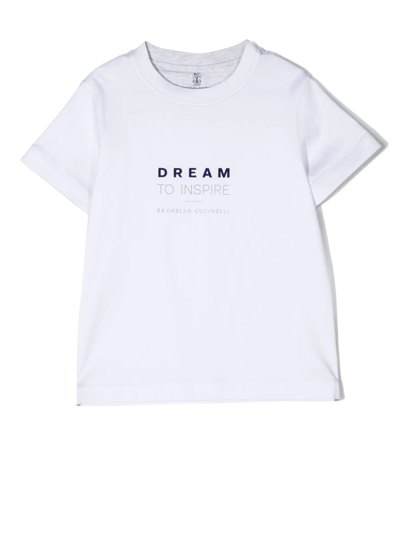 Brunello Cucinelli Kids' Slogan-print Crew-neck T-shirt In Cke35 White