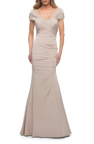 La Femme Lovely Ruched Mermaid Satin Gown In Brown