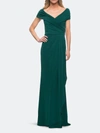 La Femme Ruched Jersey Long Gown With V-neckline In Green