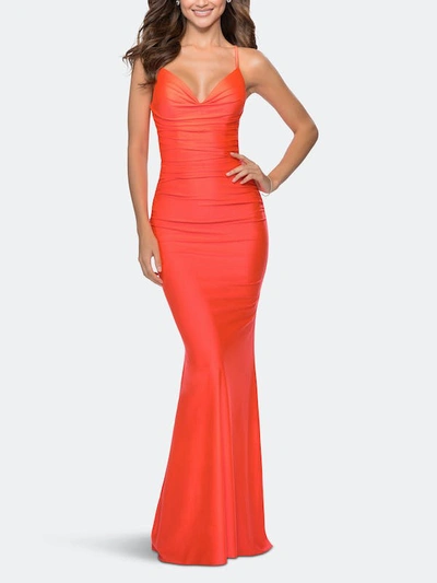 La Femme Neon Dress With Ruching And Strappy Back In Orange