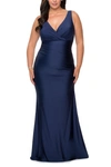 La Femme Plus Size Jersey Dress With Faux Wrap Bodice In Blue