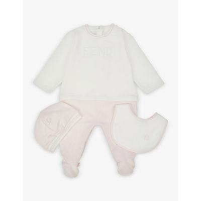 Fendi Contrast Panels Stretch-cotton Baby Grow, Hat And Bib Set 3-9 Months In Pink