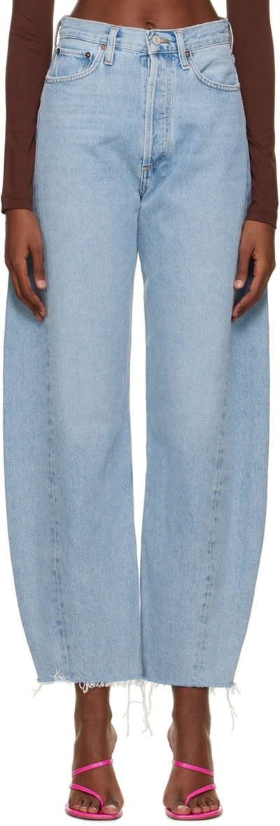 Agolde Luna Light Blue Jeans With Logo Patch On The Rear And Fringed Hem In Denim Woman