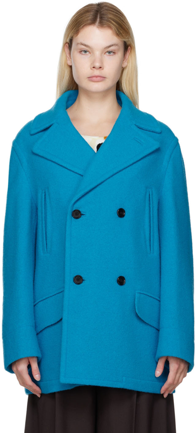 Marni Double-breasted Virgin Wool Peacoat In Blue