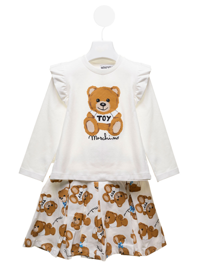 Moschino White Cotton Coordinated Suit With Teddy Bear Print Kids Baby Girl