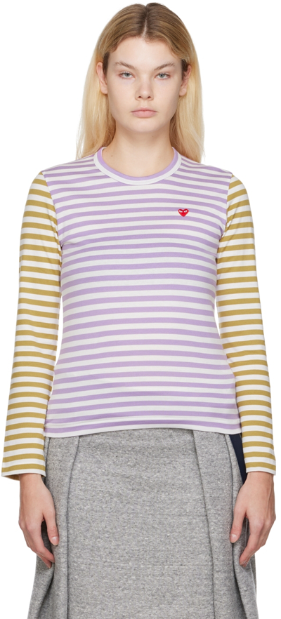 Comme Des Garçons Play Purple & Orange Striped T-shirt In Purple/olive