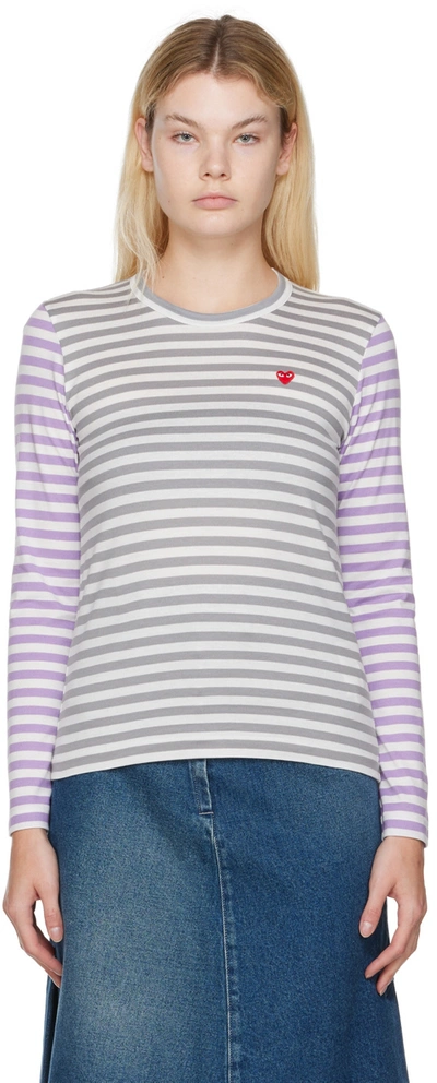 Comme Des Garçons Play Bi-color Stripe Long Sleeve T-shirt In Grey/purple