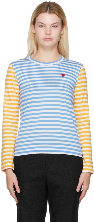 Comme Des Garçons Play Logo-patch Striped T-shirt In Blue/yellow