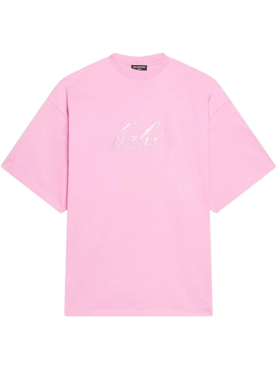 Balenciaga Glitter-slogan Cotton T-shirt In Pink