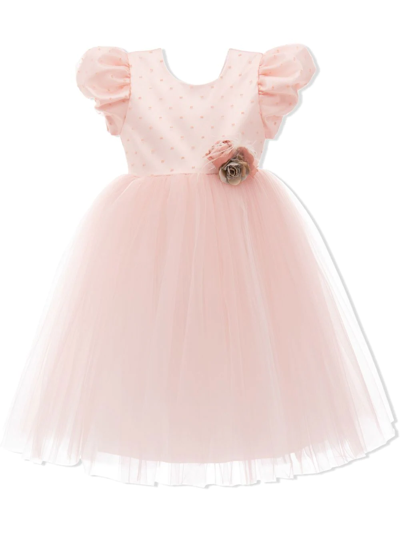 Tulleen Babies' Floral-appliqué Tulle Dress In Pink