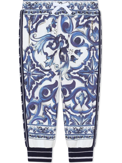 Dolce & Gabbana Kids' Blue Majolica Print Cotton Track Pants In Multicolor