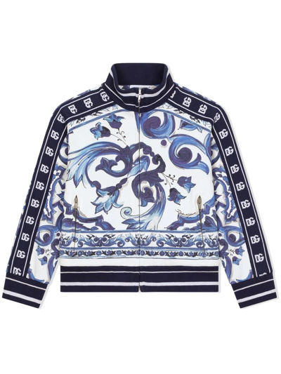 Dolce & Gabbana Kids' Blue Majolica Print Cotton Bomber Jacket