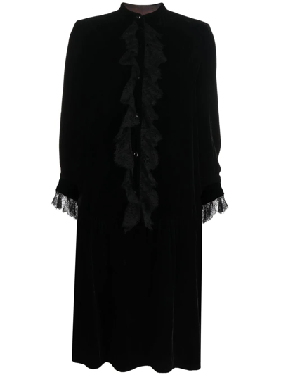 Pre-owned Dior 1970s  Lace Long-sleeved Velvet Dress In Black