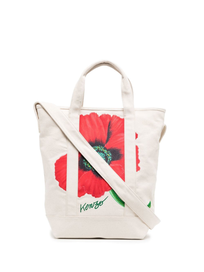 Kenzo Logo-print Satin-jacquard And Cotton-twill Tote Bag In Ecru