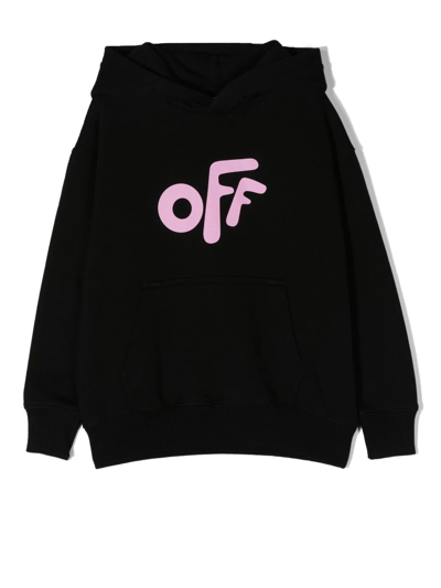 Off-white Kids' Logo-print Cotton Hoodie In Black Pink