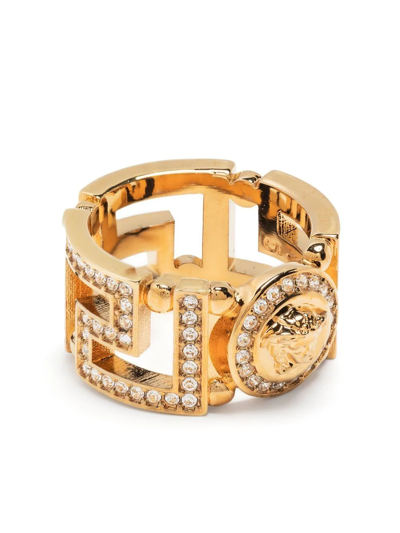 Versace Greca Cut Out Jewelled Ring In Gold