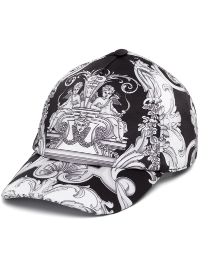 Versace Silver Baroque印花科技织物斜纹棒球帽 In Black,white
