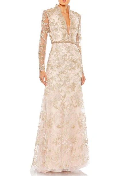Mac Duggal Beaded Queen Anne Lace Long Sleeve Trumpet Gown In Blush