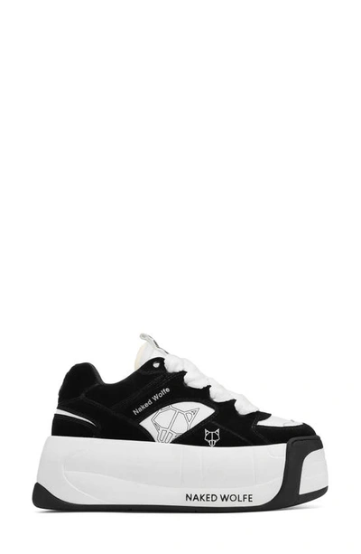 Naked Wolfe Snatch Platform Low-top Suede And Leather Trainers In Blk/white