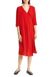 Eileen Fisher Silk Georgette Crepe Wrap Midi Dress In Cinnabar