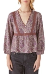 Lucky Brand Paisley Lace Trim Babydoll Top In Mauve Multi