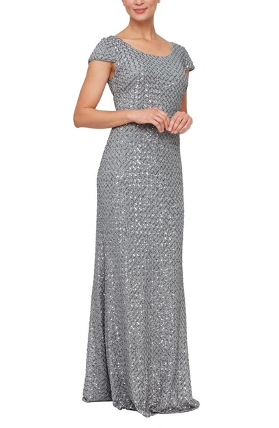 Alex Evenings Petite Cap-sleeve Fit & Flare Sequin Gown In Gunmetal