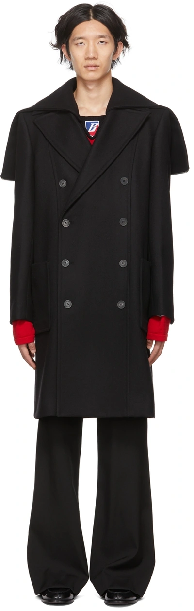 BALMAIN BLACK WOOL PEA COAT