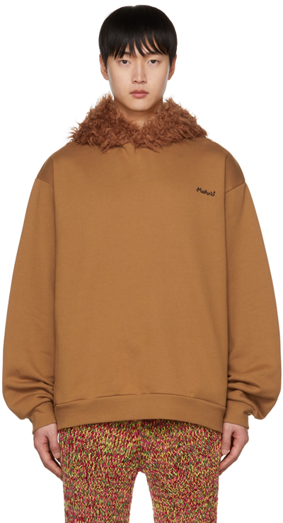 Marni Logo-embroidered Faux Shearling-trimmed Cotton-jersey Hoodie In Brown