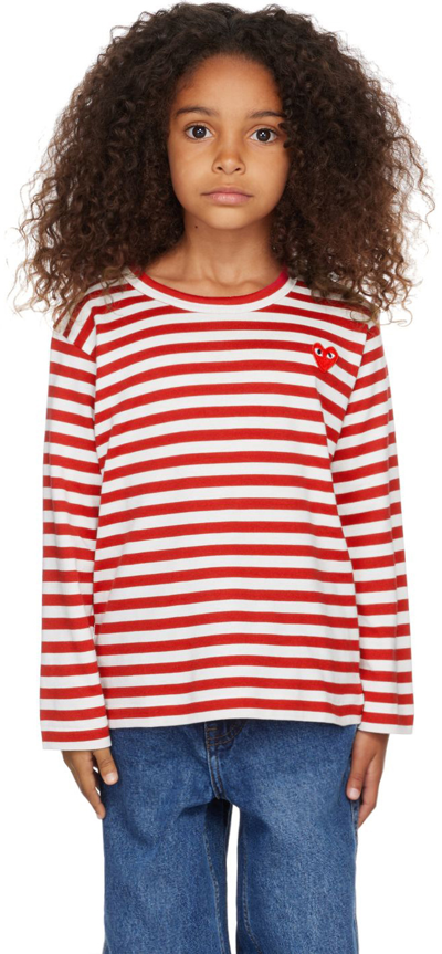 Comme Des Garçons Play Kids' Heart Logo Embroidered Striped Cotton T-shirt In Red
