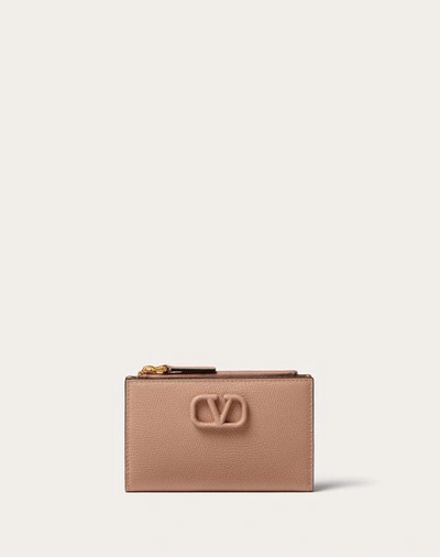 Valentino Garavani Vlogo Signature Grainy Calfskin Cardholder Wth Zip Woman Rose Cannelle Uni