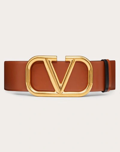 Valentino Garavani Reversible Vlogo Signature Belt In Glossy Calfskin 70mm Woman Saddle Brown 100 In Saddle Brown/black