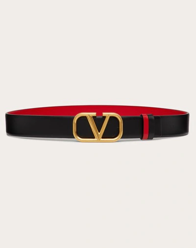Valentino Garavani Reversible Vlogo Signature Belt In Glossy Calfskin 30 Mm Woman Black/pure Red 080 In ブラック/ピュアレッド