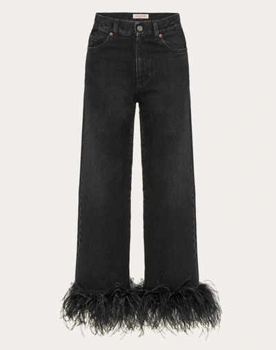 Valentino Feather-trimmed Rigid High-rise Straight Cropped Jeans In Black