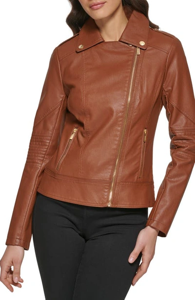 Guess Faux Leather Asymmetrical Moto Jacket In Cognac