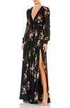 Mac Duggal Floral Long Sleeve Empire Waist Chiffon Maxi Dress In Black Multi